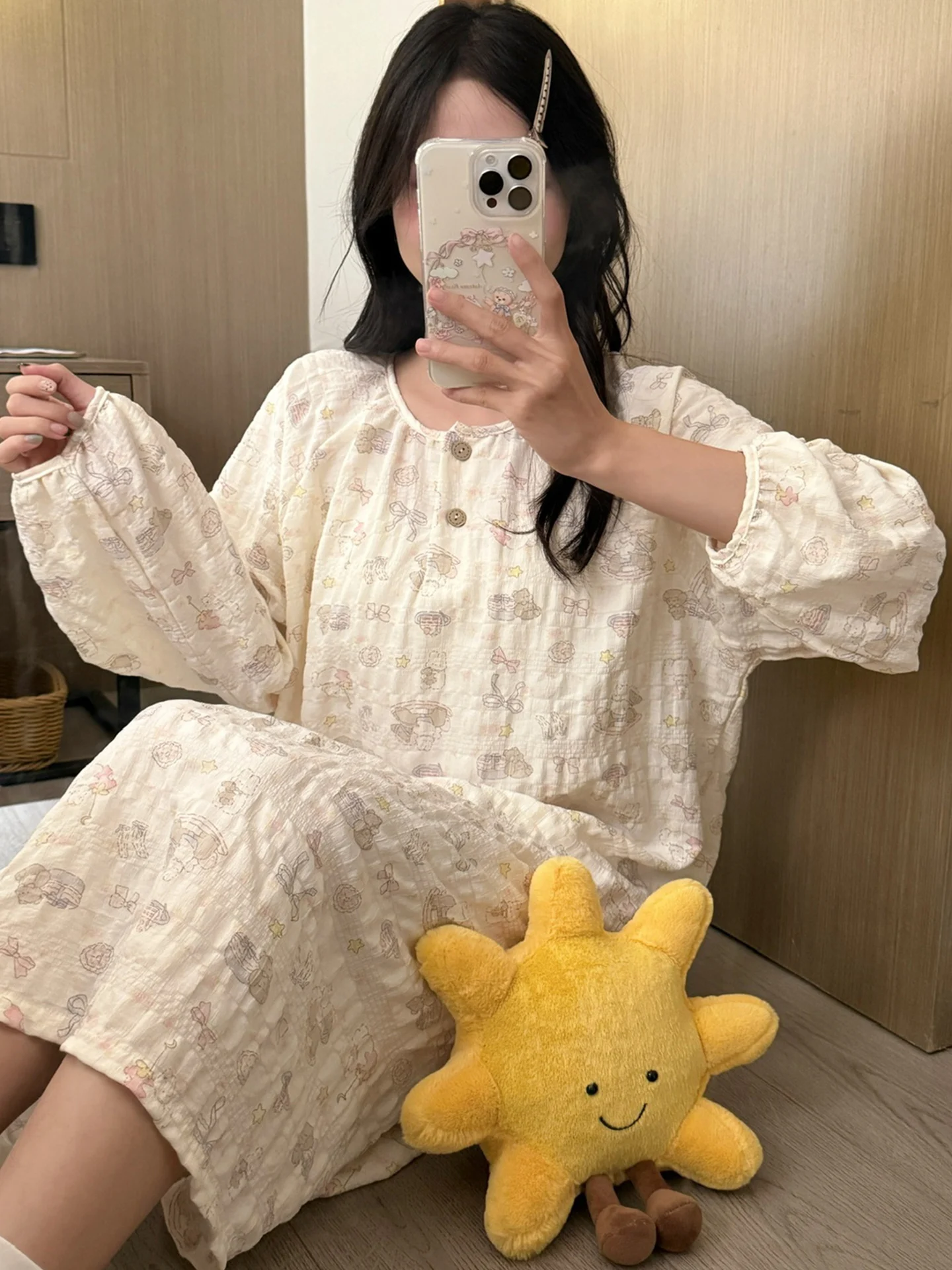 

2025 New Sweet Style Sleepwear Long Sleeve Casual Home Clothes Women's Dress Spring Autumn Seasonal Comfortable Student Pyjama