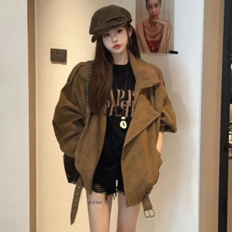 

Coat Women Zipper Coats Turn Down Collar Jackets Vintage Y2k Streetwear Work Casual Loose Elegant Splice Jacket 2026 Spring
