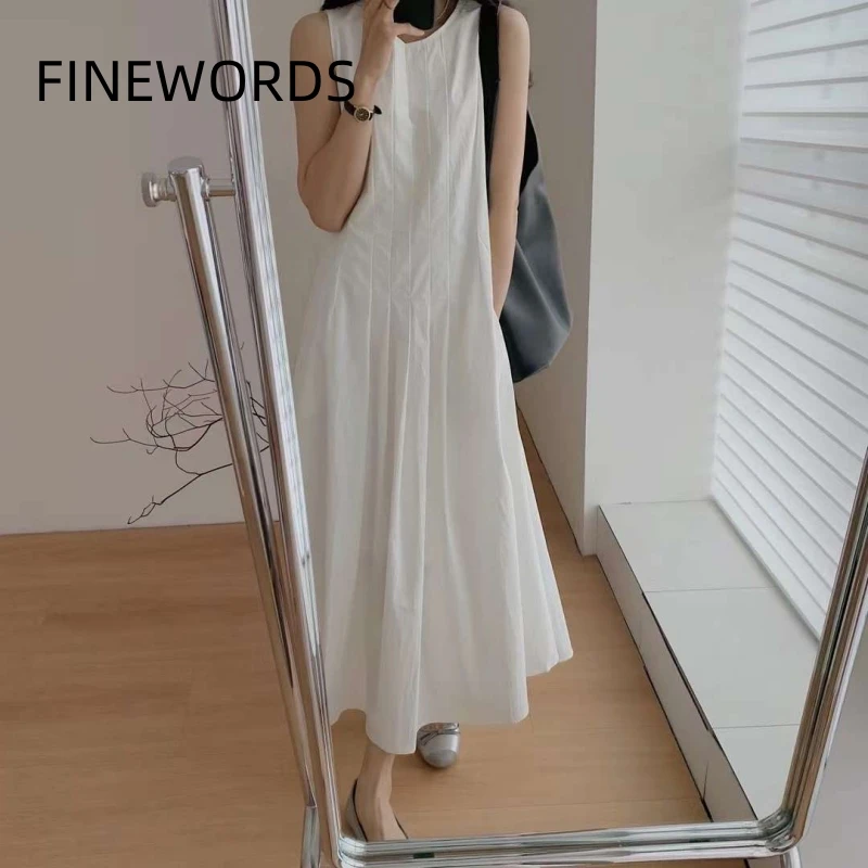

FINEWORDS Korean Fashion O Neck White Dress Sleeveless Easymatch Simple Summer Dress Beach Vintage Elegant A Line Dress