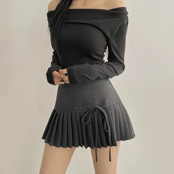 

Шикарная женская юбка трапециевидной формы с высокой талией и бантом, плиссированный дизайн, эффект похудения Ci, приятный для поездок на работу, другой материал