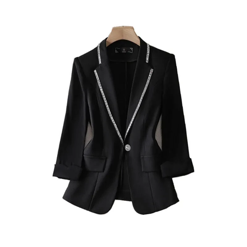 2024 New Spring Women Blazer  Women\'s Summer Suit Jacket Women\'s Three-quarter Sleeve Fashion Coat Diamond-studded Suit