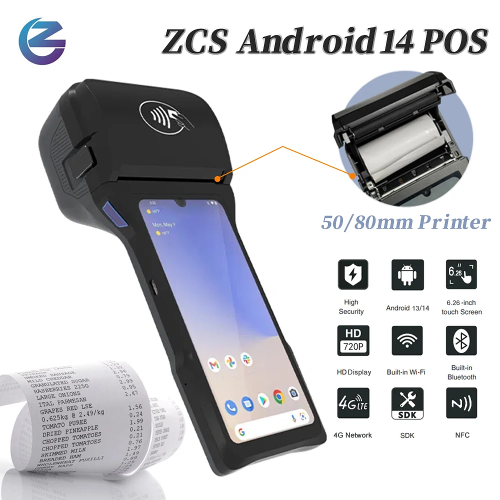 안드로이드 13 휴대용 핸드헬드 단말기 POS 프린터 안드로이드 14 감열식 영수증 프린터 58mm/80mm Wifi 4G 티켓/계산서 PDA NFC 탑재