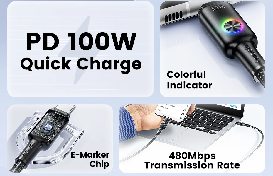 Toocki 3er-Set 100W USB-C Kabel Typ C PD3.0 mit LED-Anzeige für schnelles Laden – für iPhone 17/16, Xiaomi, Huawei, MacBook – 5A Typ-C Datenkabel – Detail 2
