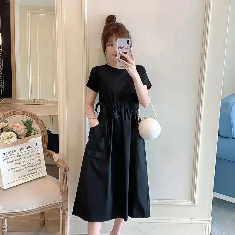 Large Size Summer Casual Slimming and Flesh Covering Fake Two-piece Dress with Waistband Tie Up T-shirt Skirt and Black Skirt