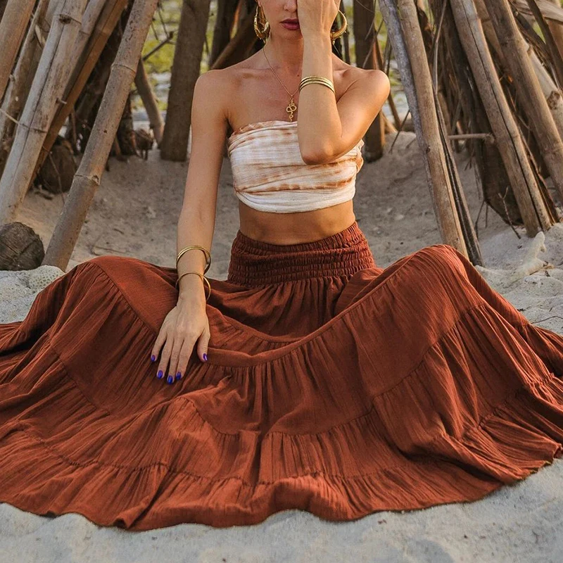 

Богемная свободная однотонная длинная юбка с карманами для удобных поездок на работу со складками и эластичным поясом для повседневной носки