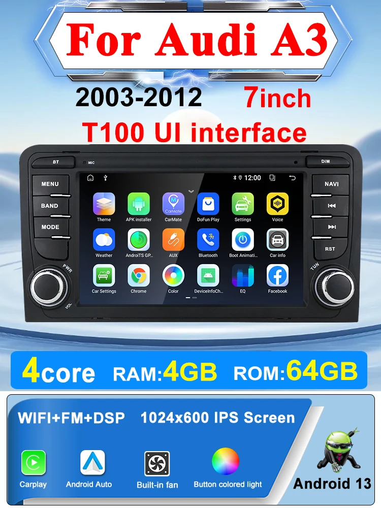 Voor Audi A3 8P S3 RS3 2003-2012 Android 13 Autoradio Multimedia Afspelen Video Speler GPS Navigatie Carplay, 4G, WiFi, DSP