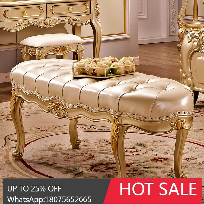 

MJY European Style Bedroom Luxury Genuine Leather Bed End Ottoman Bedside Shoe Changing Stool Chair Solid Wood Footrest