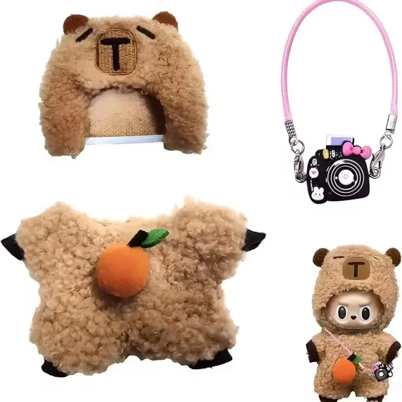 Puppe Kleidung Für 17CM Labubu Capibara Set Overall Kawaii Kopfbedeckung Kamera Pack Plüsch Baumwolle Puppe Dress Up Spiel Dekoration