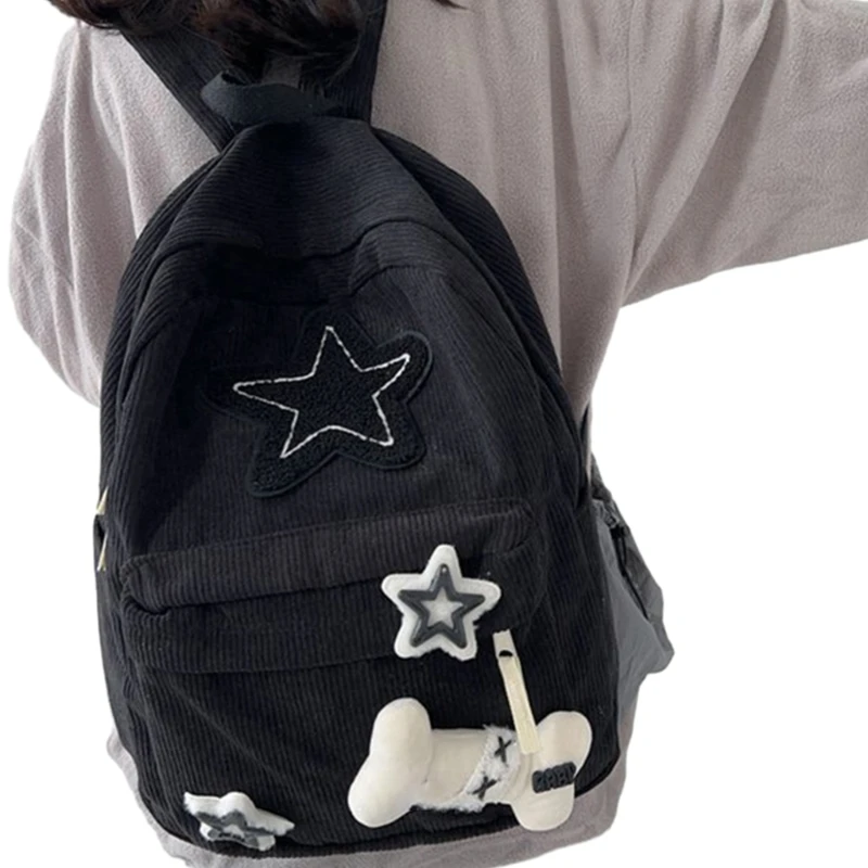 2023 Double Strap Shoulder Bag Book Bag for Girl Corduroy Backpack Lightweight School Bag Rucksack with Star Pattern