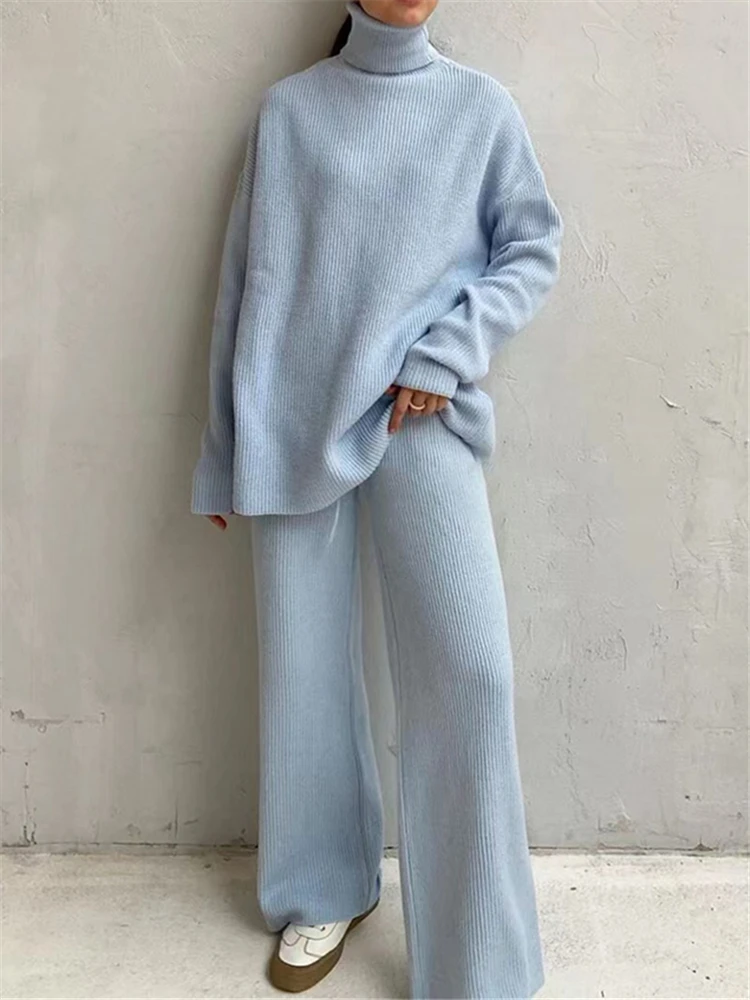 Autumn Winter 2 Pieces Women Sets Knitted Tracksuit Turtleneck Sweater and Wide Leg Jogging Pants Pullover Suit 2022 New