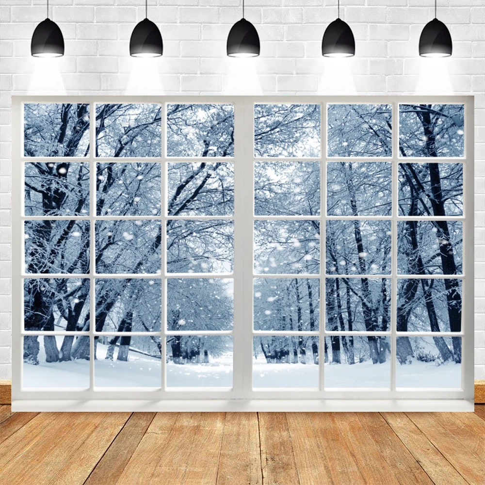 Winter Window Photography Background Christmas Pine Tree Snow Scenery Home Decoration Baby Family Portrait Backdrop Photo Studio