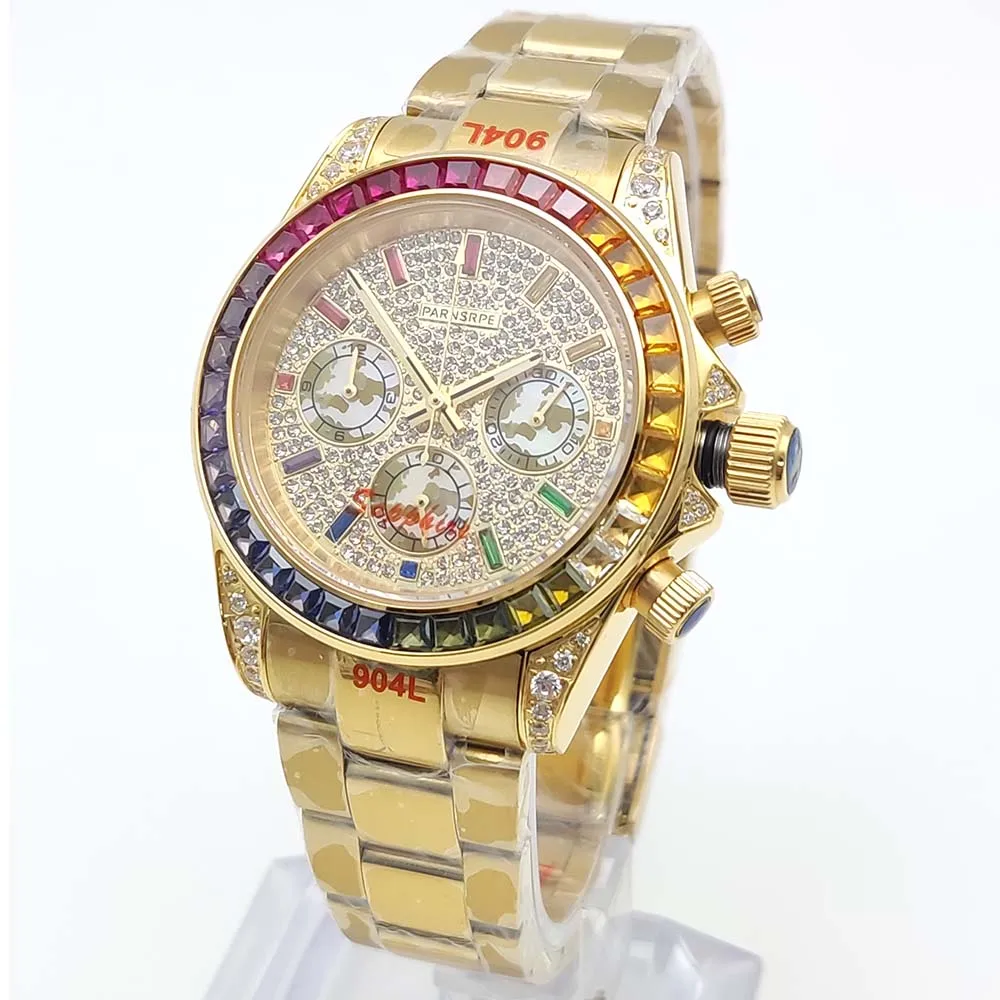 ساعة كوارتز رجالية فاخرة باللون الذهبي بتصميم ماسي وساعة VK63 للرجال بحزام معدني متطابق