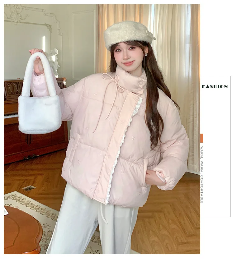 Sweet Pink Bow Stand Collar Puffer Jacket Women Korean Lace Spliced Thick Outerwear Students Winter Warm Cropped Cotton Jackets