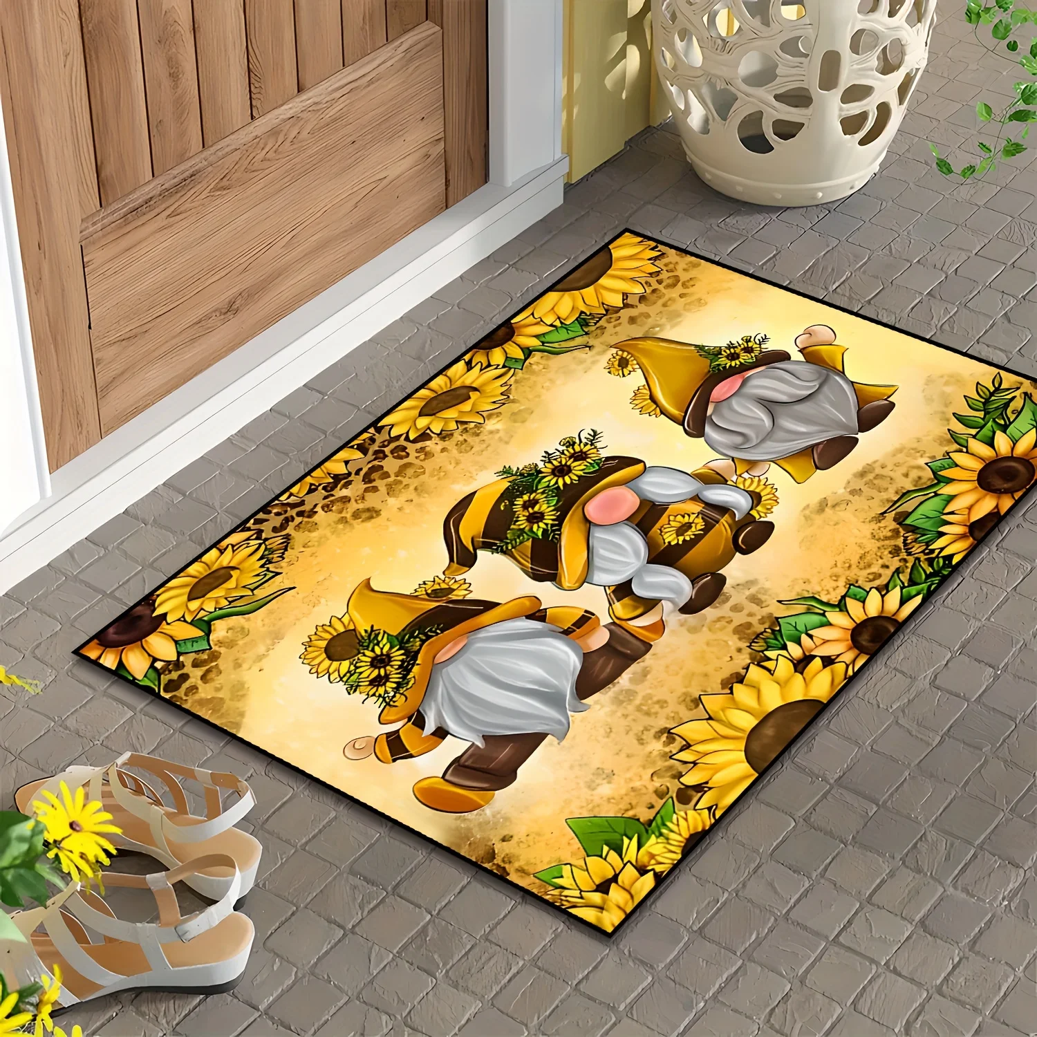 1pc 2D Flat Sunflower Gnomes Walking Line Autumn Harvest Flannel Door Mat Non Slip Garden Theme Rug For Entryway Porch Floor