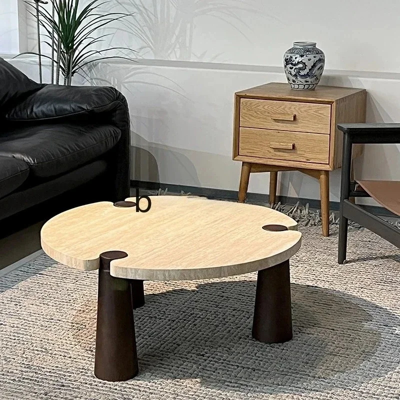A Turkish beige travertine small coffee table Chinese antique small table living room mix and match