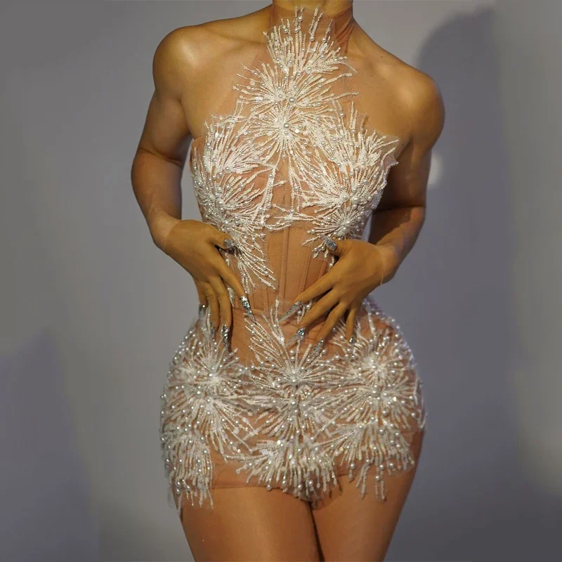 Kerst Sneeuwvlok Parels Pailletten Jurk Vrouwen Vieren Avondjurken Sexy Perspectief Gogo Kostuum Stage Festival Outfit