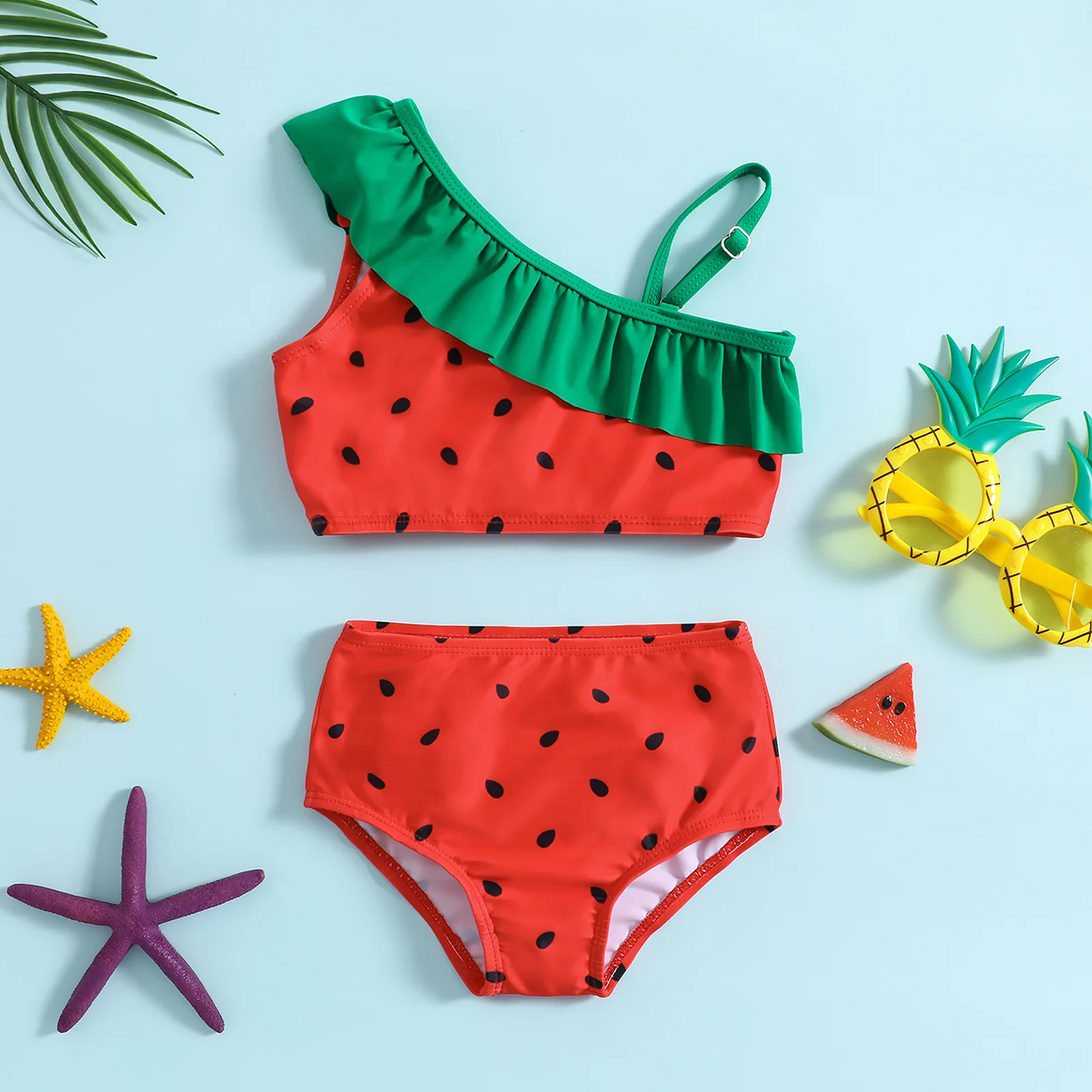 

2024 Summer Girls Single Shoulder Sling Bikini Split Bathing Suit Set Kids Watermelon Pineapple Print Swimsuits Two-piece Suit