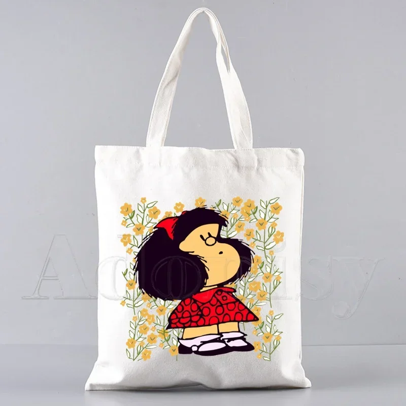 Mafalda 90s Cartoon Harajuku Shoulder Tote Bag for Women Handbags Eco Reusable Shopping Bag Vintage Bags