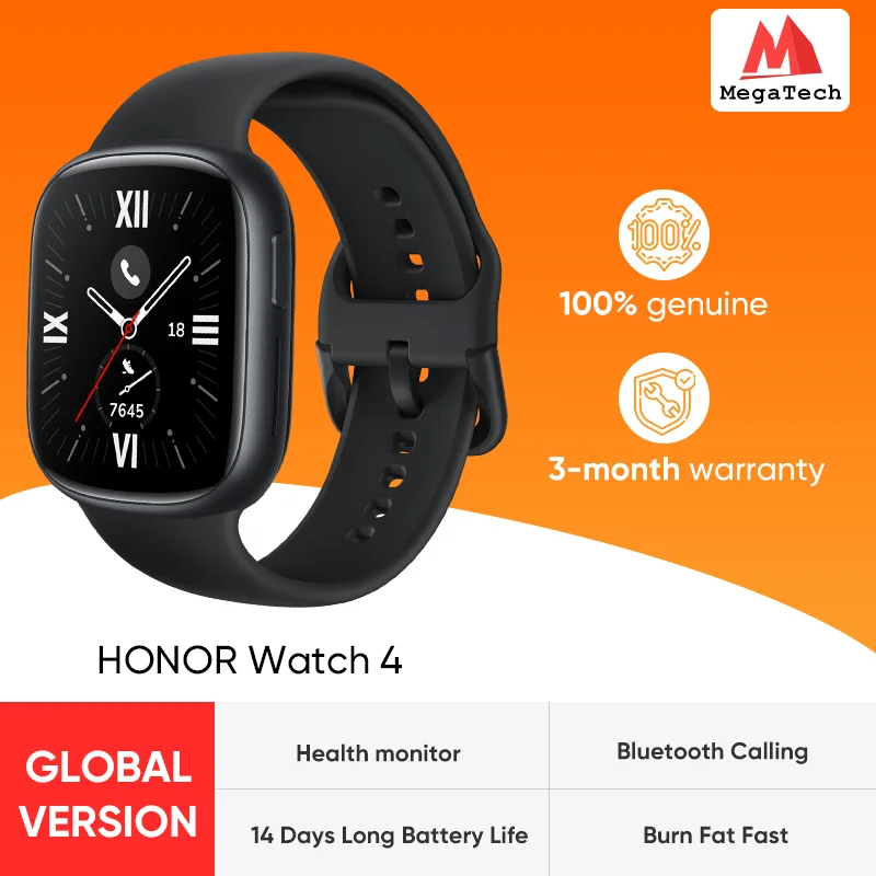 النسخة العالمية HONOR Watch 4 شاشة AMOLED مقاس 1.75 بوصة وبطارية 14 يومًا ومراقبة الصحة الشاملة للاتصال بالبلوتوث