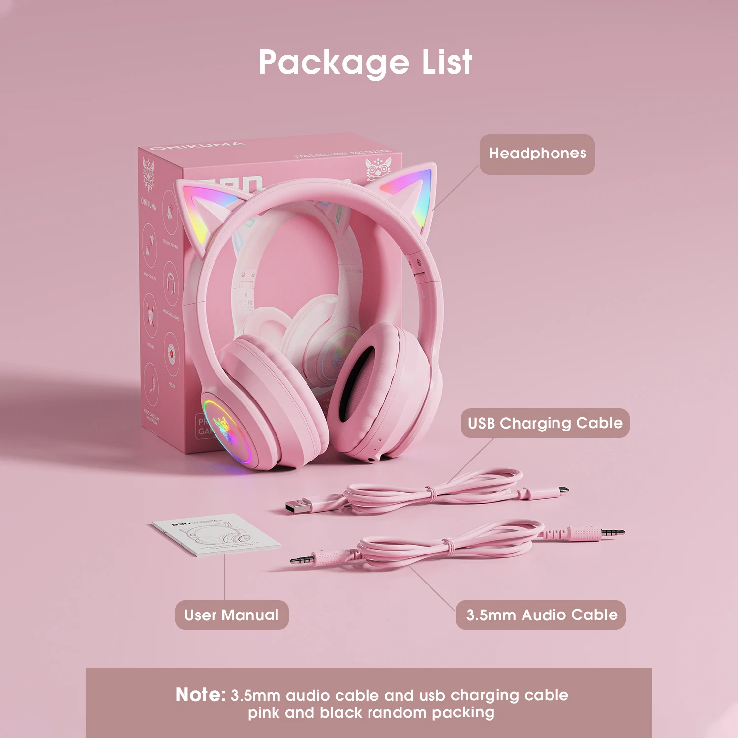 Cuffie Bluetooth ONIKUMA B90 con auricolare Bluetooth senza fili pieghevole RGB Cute Cat Ear per Computer Gaming PC Gamer
