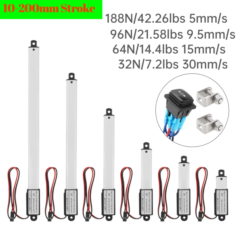 10-200mm Stroke Mini Linear Motion Actuator 180N/96N/64N/32N 12V High Speed Micro Electric Linear Actuator for Home Automation