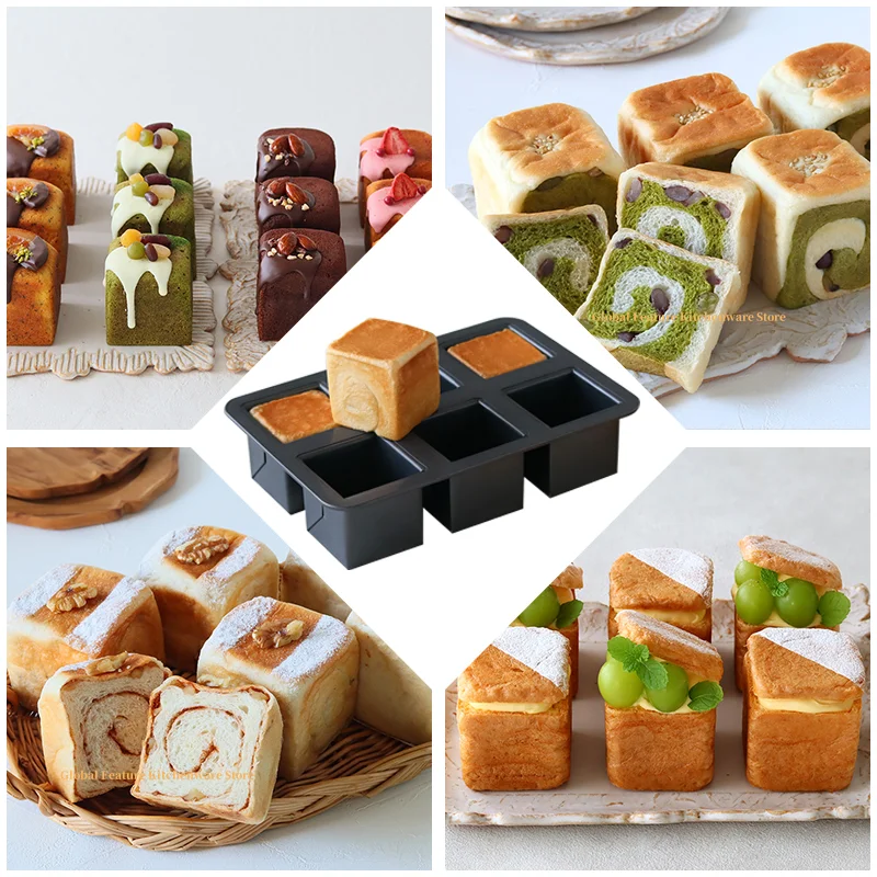 

6 Cavity Mini Square Shape Toast Bread Carbon Steel Cake Pan With Lid Pound Cake Pastry Madeleine Muffin Dessert Baking Tools