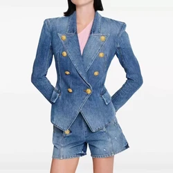 2024FW nuova giacca da donna in denim a maniche lunghe lavato in puro cotone doppiopetto con risvolto y2k giacca casual fashionCasual di alta qualità