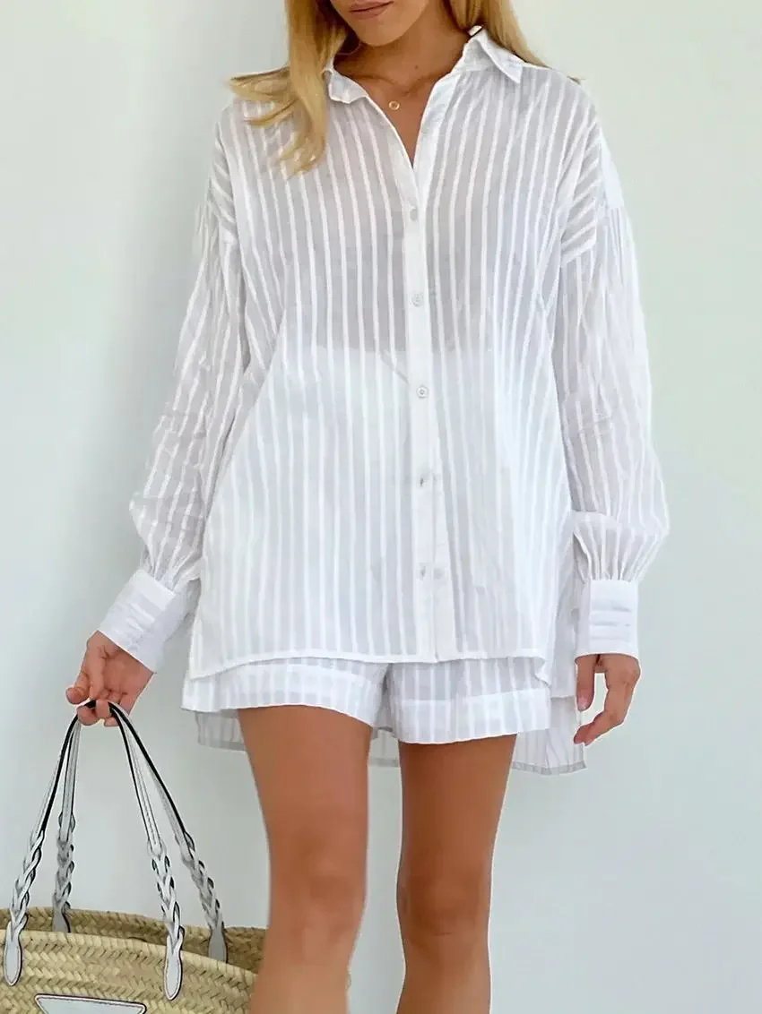 Blubelle – ensemble short décontracté en Jacquard rayé, 2 pièces, chemise confortable à revers, manches lanternes, tenue d'été, taille élastique, costumes