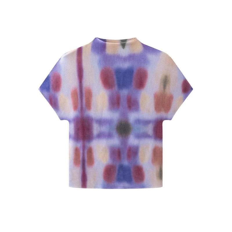 

Miyake Women's Cornfold Tight Printed T-Shirt Thin Pullover Half Turtle Neck Short Sleeve Fashion Women's 2026 Summer Tops