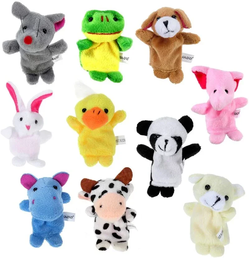 Mini pelúcia Finger Puppets para crianças, brinquedos educativos, boneca de animais dos desenhos animados, figuras infantis, presentes do bebê, bonito, 10pcs por conjunto