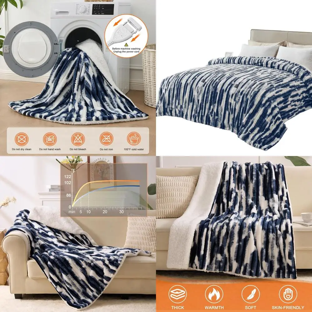 

Электрическое одеяло размера Queen (84x90) с двойным управлением, 6 уровнями нагрева, автоматическим отключением через 10 часов, мягким шерпа-покрытием, защитой от перегрева, цвет темно-синий