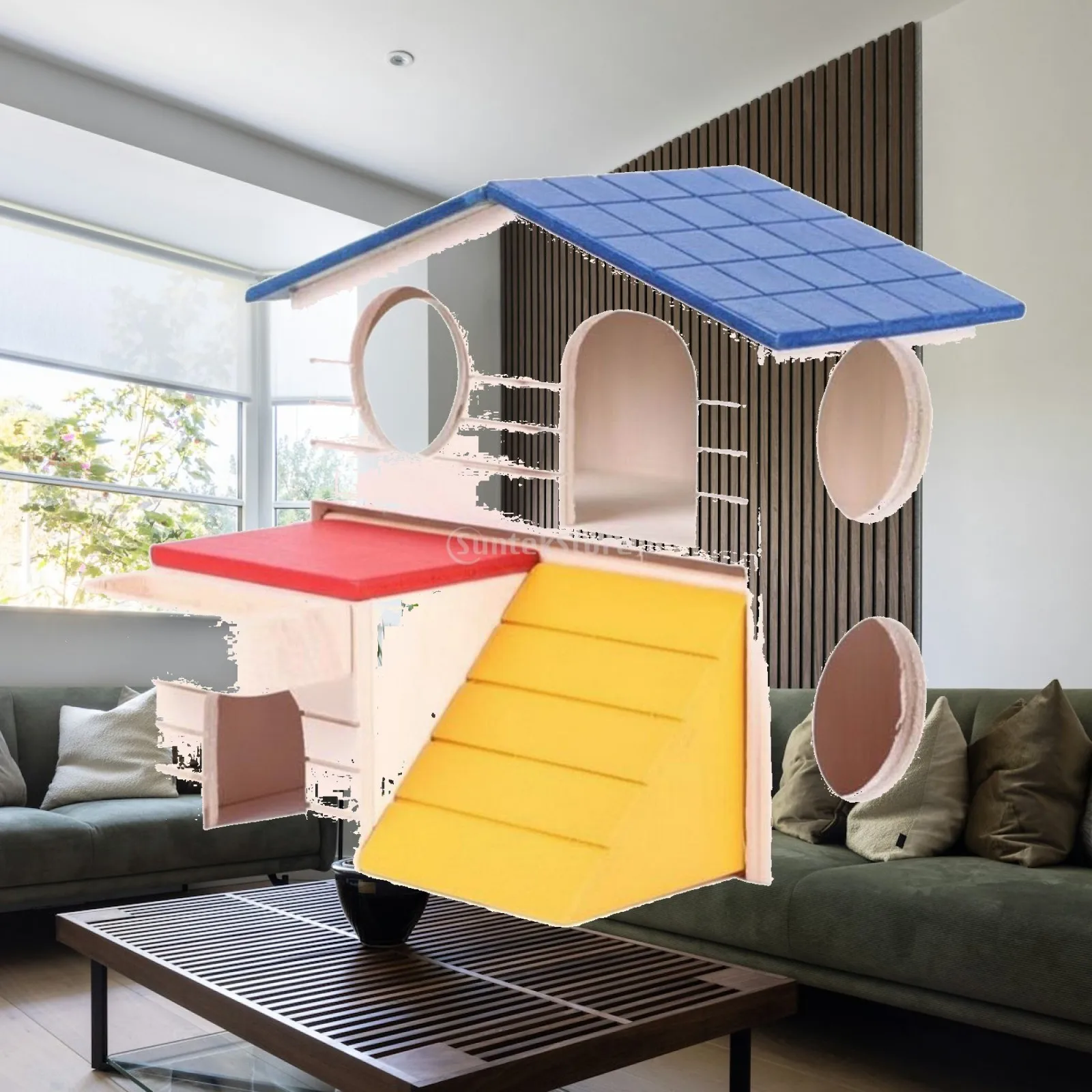 2-Story Hamster House Natural Timber Wood Colorful Small Pet Villa for Terrarium