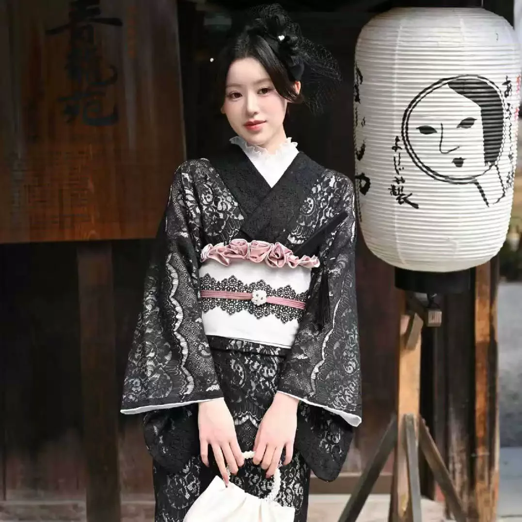 

Japanese Traditional Women's Lace Komon Pattern Kimono with Double Layer
