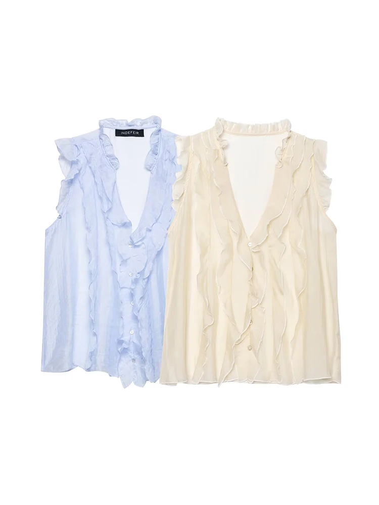 

KUCLUT Women Fashion Solid Ruffled Pleated Single Breasted Tank Tops Vintage V-Neck Sleeveless Female Chic Lady Top