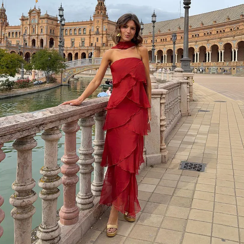 Damen Patchwork Trägerloses Maxikleid Ärmellos mit Rüschensaum und Schal Schnürkleider 2026 Sommer Elegantes Abendkleid für Damen – Detail 3