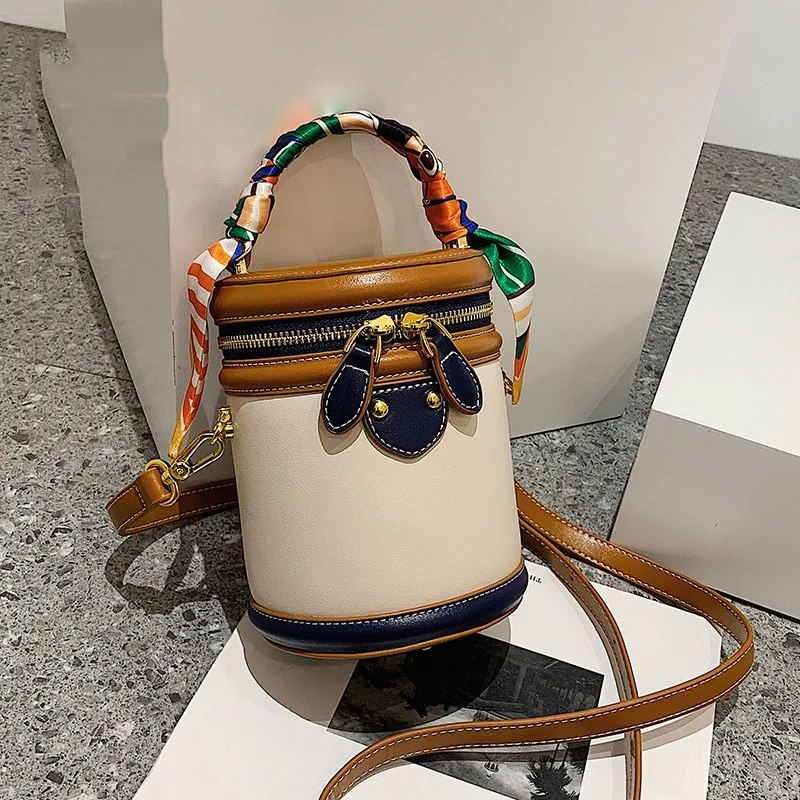 Women Bucket Bag With Elegant Scarves New 2024 Fashion Cross-body Niche Cylinder Bag One-shoulder Portable Cosmetic Bag