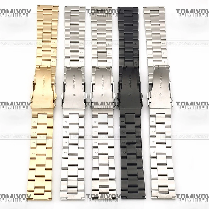 18 20 22 24MM Flat End And Curved End Black Silver Gold Solid Three Beads Dive Stainless Steel Watch Band