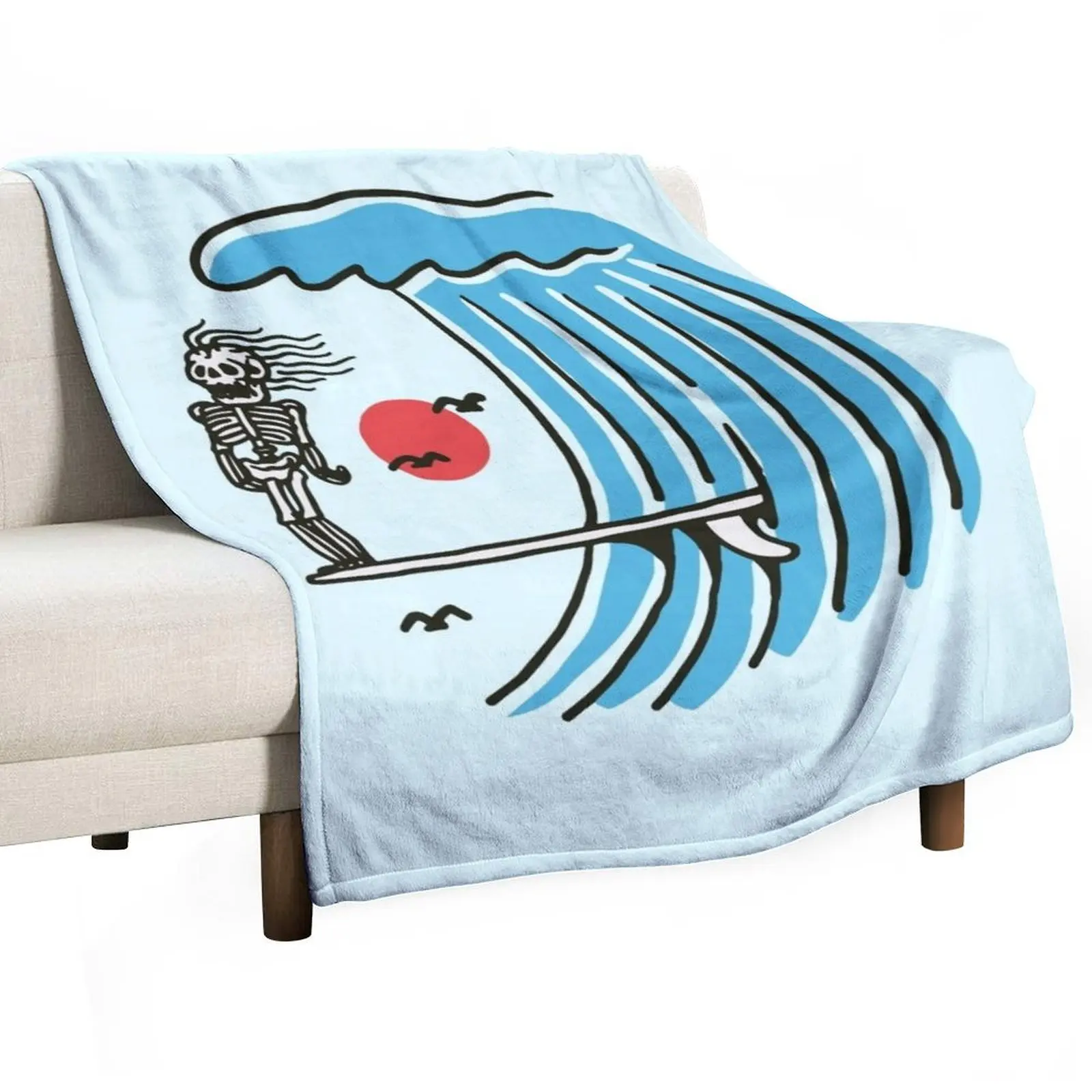 

Skeleton surf wave Throw Blanket Flannel Fabric halloween warm for winter Blankets