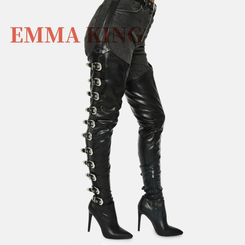 Women Black PU Thigh High Boots, Multi Metal Buckle Decor Long Boots,Pointed Toe Stiletto High Heel Thigh High Chap Boots,35-44