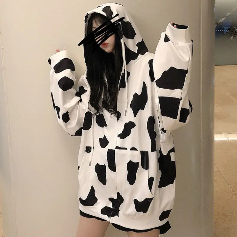 

Japanese Y2K Hot Girl Retro Cow Hooded Zipper Coat Autumn Women's Trendy Sweatshirt Millennium Style