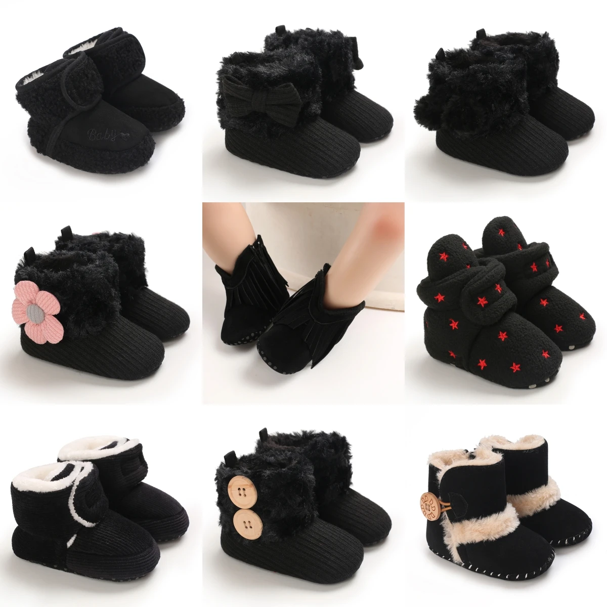 

Classic 0-18M Baby Autumn Winter Boots Baby Girl Boys Black Warm Shoes Solid Fashion Toddler Fuzzy Balls First Walkers Kid Shoes