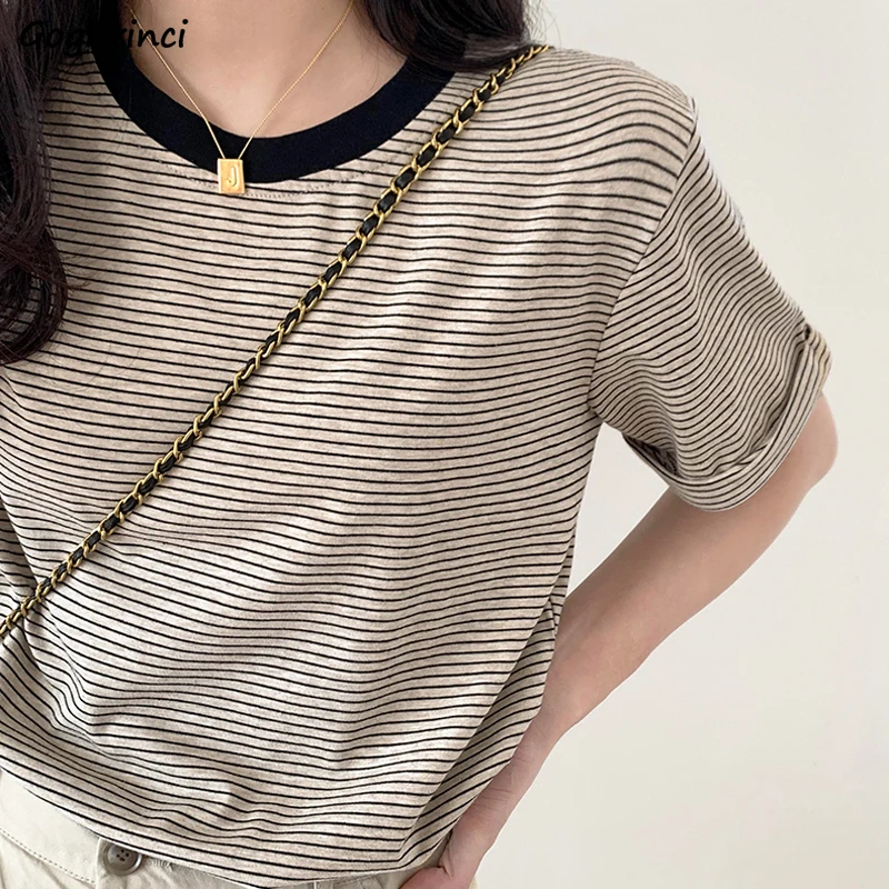Camisetas informales de manga corta a rayas para mujer, ropa de calle a la moda de estilo coreano, sencilla, para uso diario, Ins Retro, combina con todo, novedad