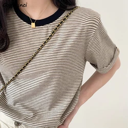 T-shirts Woman Casual Short-sleeve Striped Ladies Streetwear Trendy Korean Style Simple Daily Summer Ins Retro All-match New