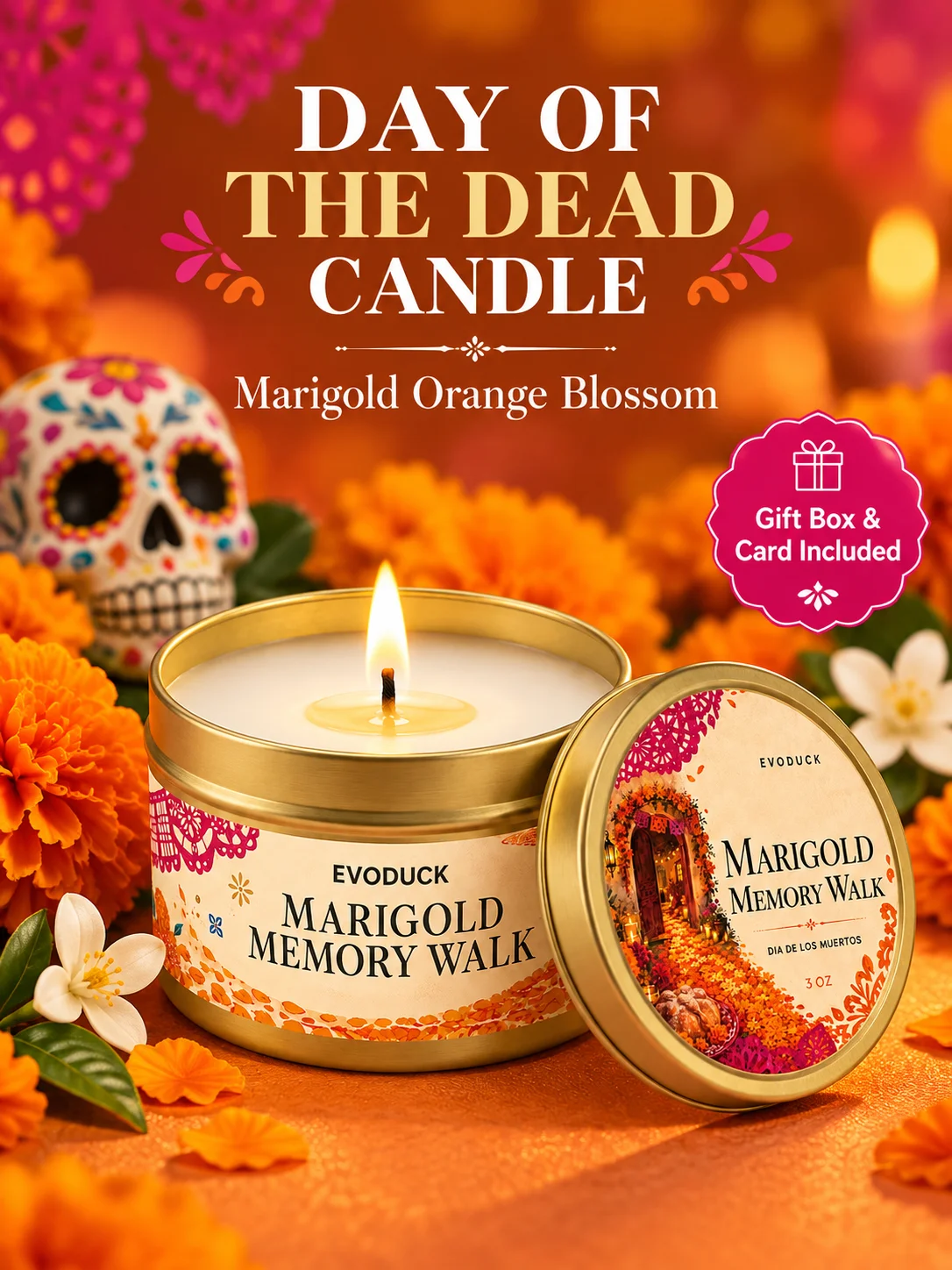 1pc Day of the Dead Candle Marigold Orange Blossom Scented Tin Candle 3oz with Gift Box, Cempasuchil Dia De Muertos Ofrenda Gift