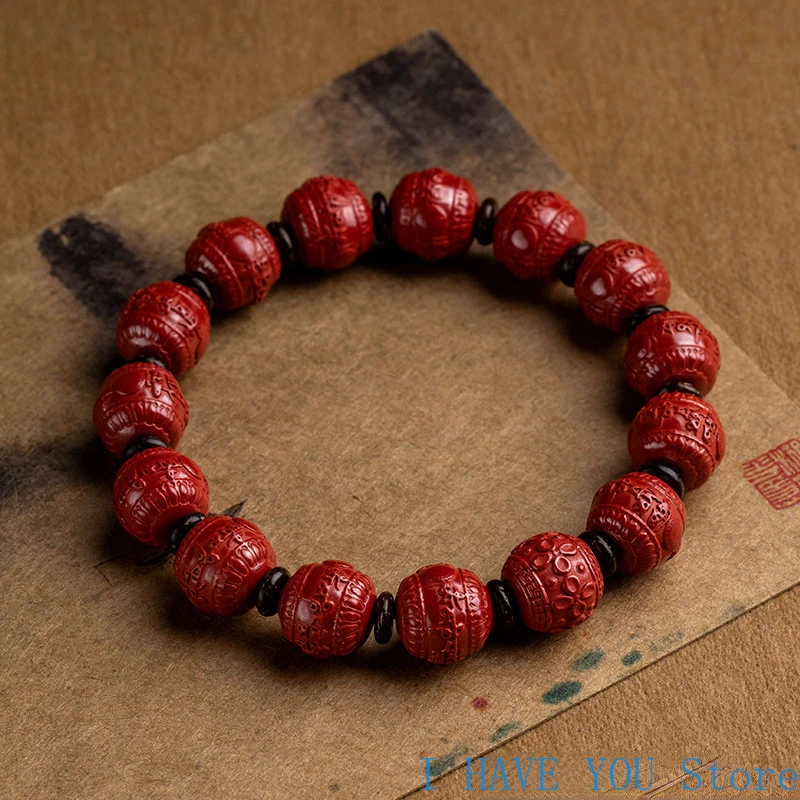 Raw Ore High Content of Imperial Cinnabar Buddhist Six-character Mantra Bracelets for Men and Women Cinnabar Bracelets