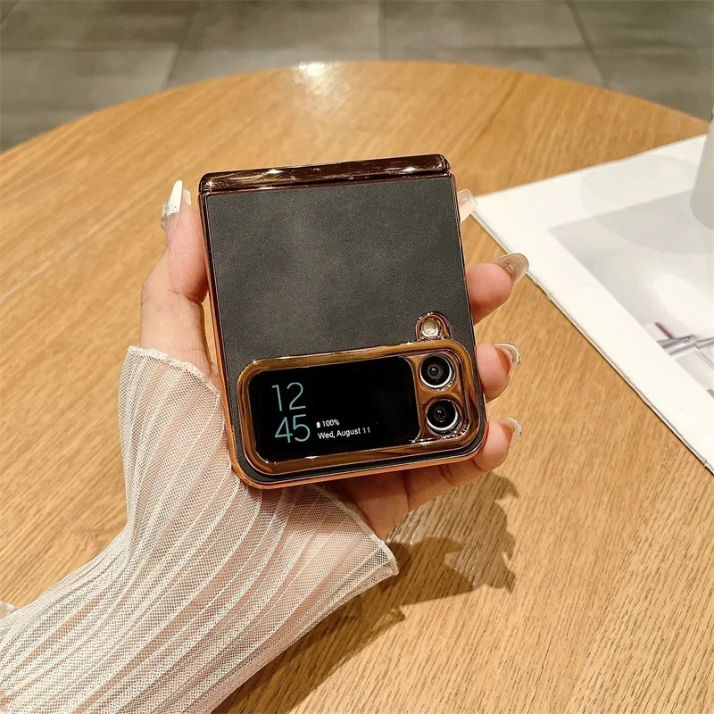 Pu Leather Trim Phone Case For Samsung Galaxy Z Flip 6 5 4 3 5G Hinge Electroplated Plastic Back Cover K02