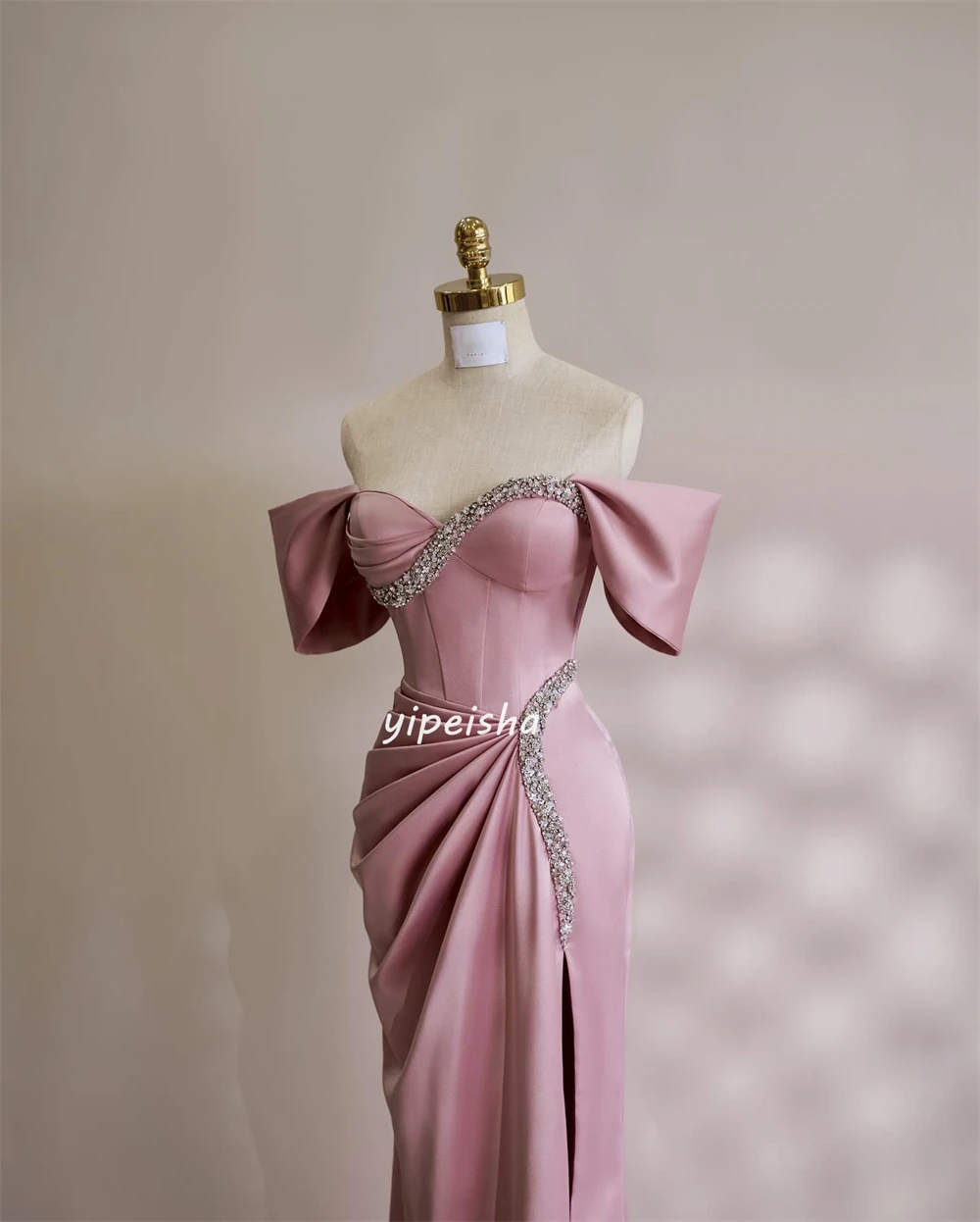 Customized Classic Jersey Sequined Pleat Ruched Rhinestone A-line Off-the-shoulder Sweetheart Midi Dresses Evening Dresses Exqui