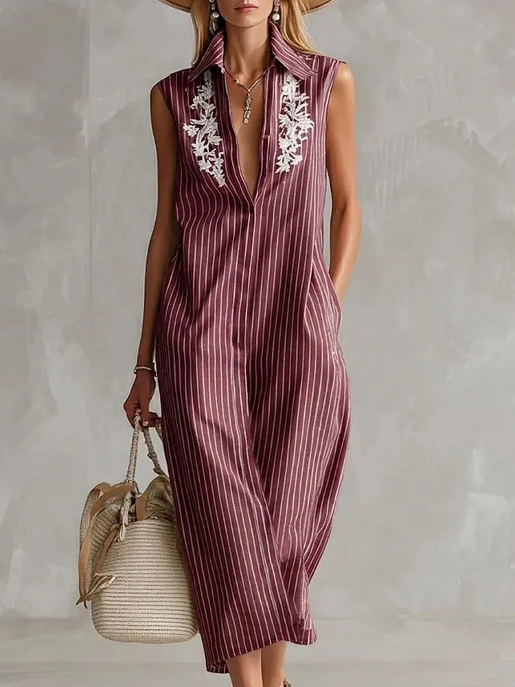 

Women's New Print Striped Lapel Sleeveless Casual Shirt Dresses Summer Fashion Sexy Loose Pocket Female Vacation Party Dress