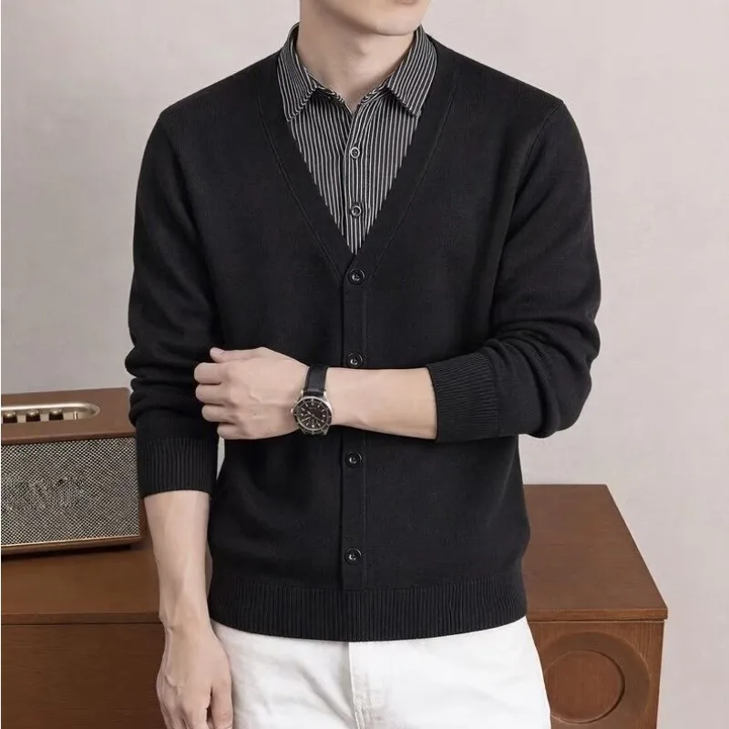 Men's Fake Two‑Piece Sweater V‑Neck Button Knit Cardigan Long Sleeve Shirt Collar Pullover Business Casual Male Knitwear Tops