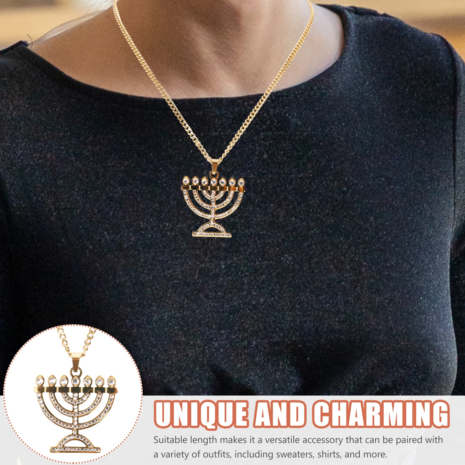 

Candlestick Necklace 7 Branches Pendant Stainless Steel Chain Women Necklace Hanukkah Jewelry Gift Lightweight Easy Wear